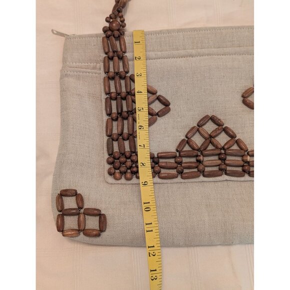 Vntg Fine Arts Bag Co Beige Linen & Wood Bead Purse Tote Zips Close Dual Handles - Picture 11 of 13